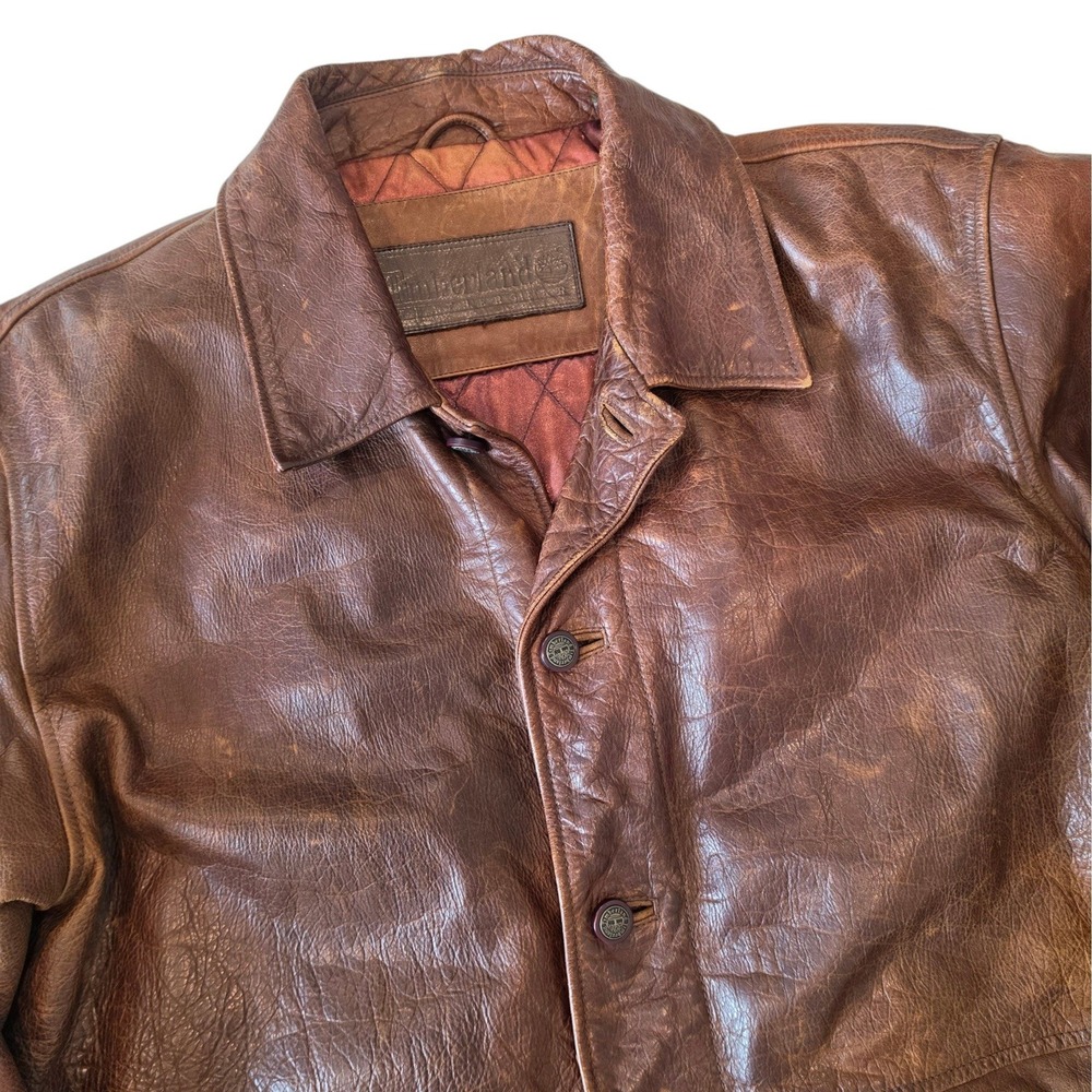 VTG Timberland Mens Leather Field Jacket Brown Vintage 90's Quilted Lined XL